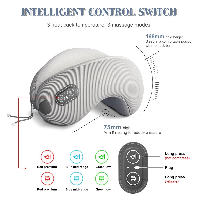 Portable U-Shaped Travel Pillows For Airplanes 3mode Heated Massage Memory Foam Ergonomic Neck Pillows For Pain Relief Sleeping 240910