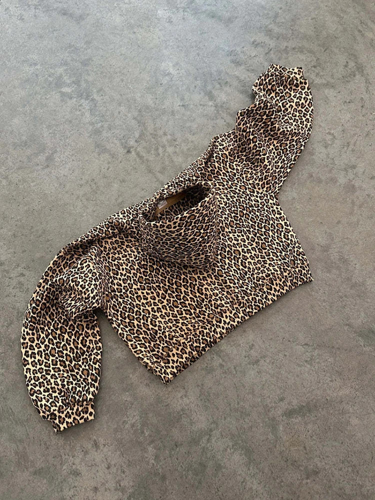 American retro leopard print hooded sweatshirt womens autumn long sleeved top hooded sweatshirt streetwear hip-hop zipper Y2K sportswear style 240910