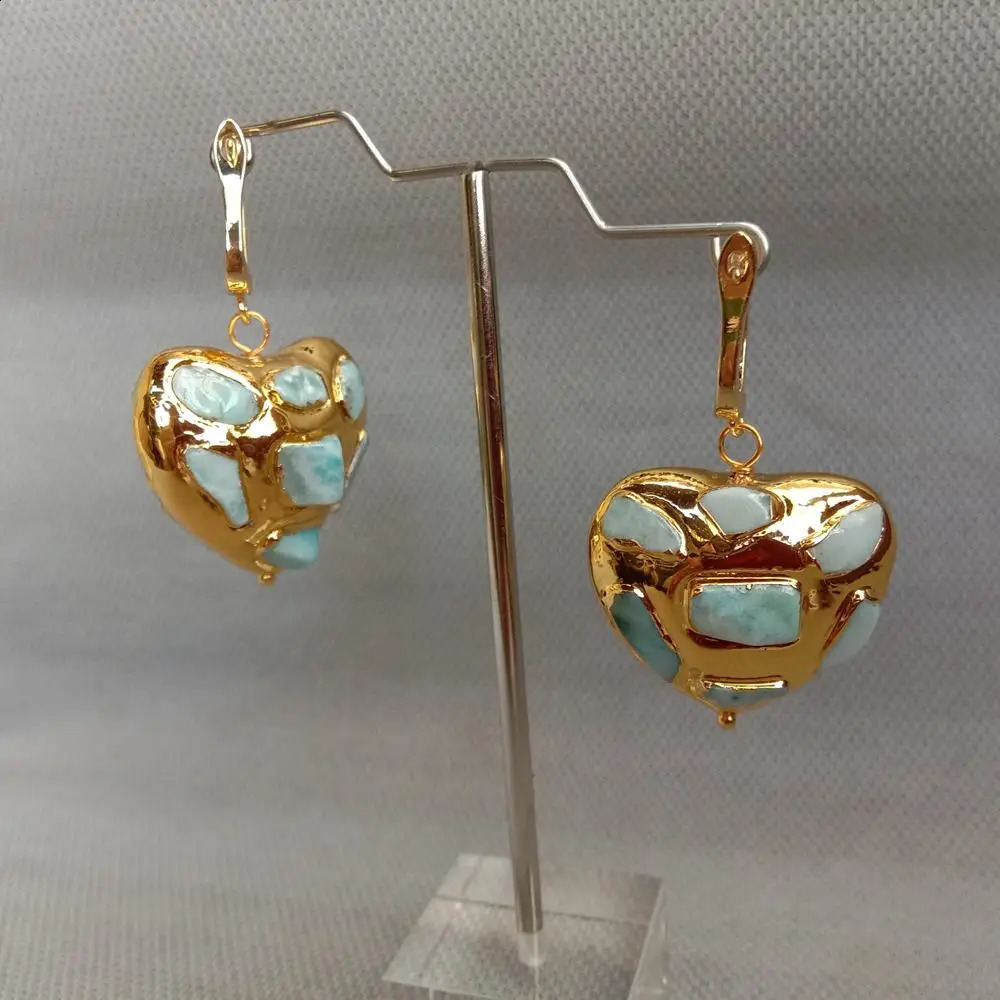 YYGEM Natural Blue Larimar Chips Pave Heart Shaped Yellow Gold color Dangle LeverBack Earrings 240910