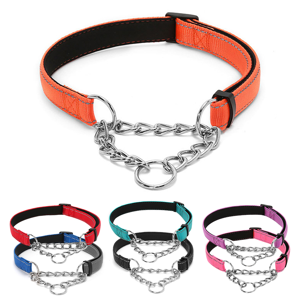 Dog Collar ,Adjustable Stainless Steel Chain Reflective Nylon Fabric Pet Collars for Medium Large Dogs Outdoor Training Walking