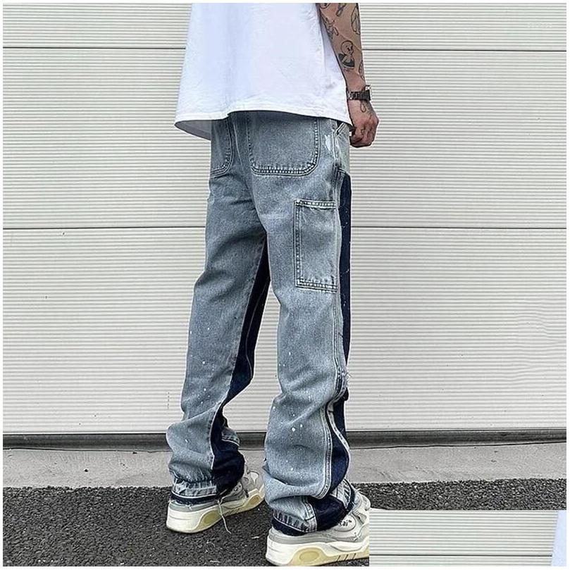 Mens European Ink Sprayed Flared For Men Contrast Color Looen Fit Streetwear Denim Clothes Open Hem Males Drop Delivery Apparel Cloth Dhhrj