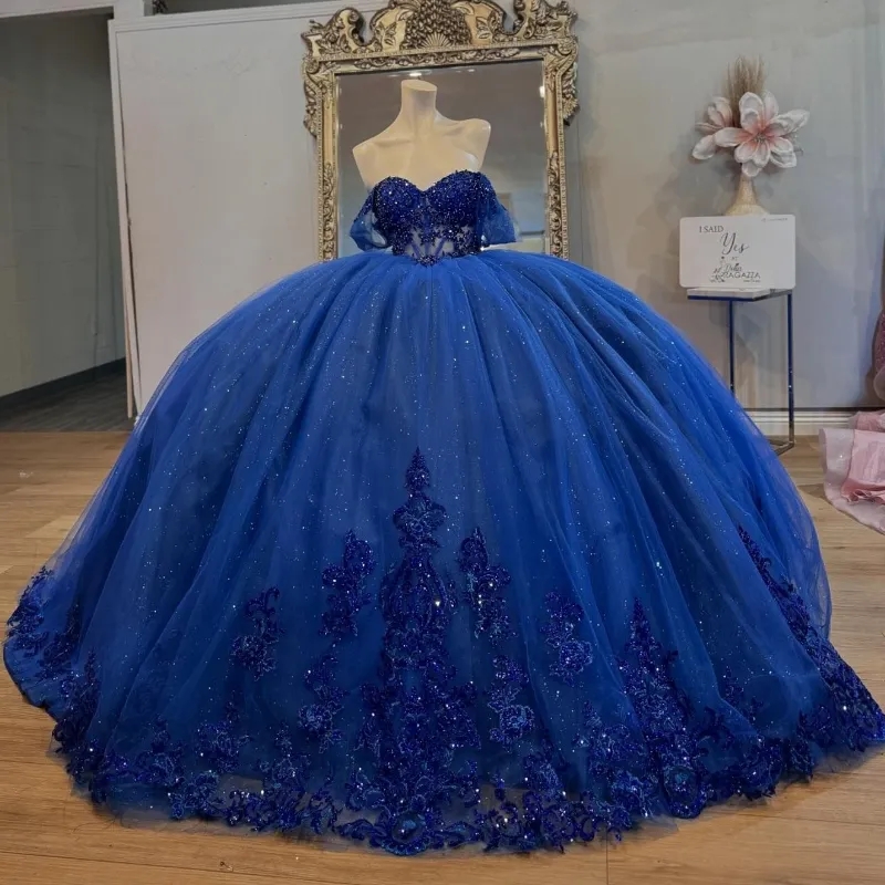 Royal Blue Princess Ball Gown Quinceanera Dresses Off Shoulder Appliques Lace Beads Crystals Sweet 16 Birthday Party Dress Lace-Up Vestidos De 15 Anos
