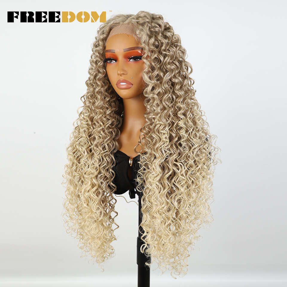 FREEDOM Synthetic Front For Women Ombre Brown Blonde Lace Wig BIO 22 26 30 inch Curly Hair Cosplay Wigs