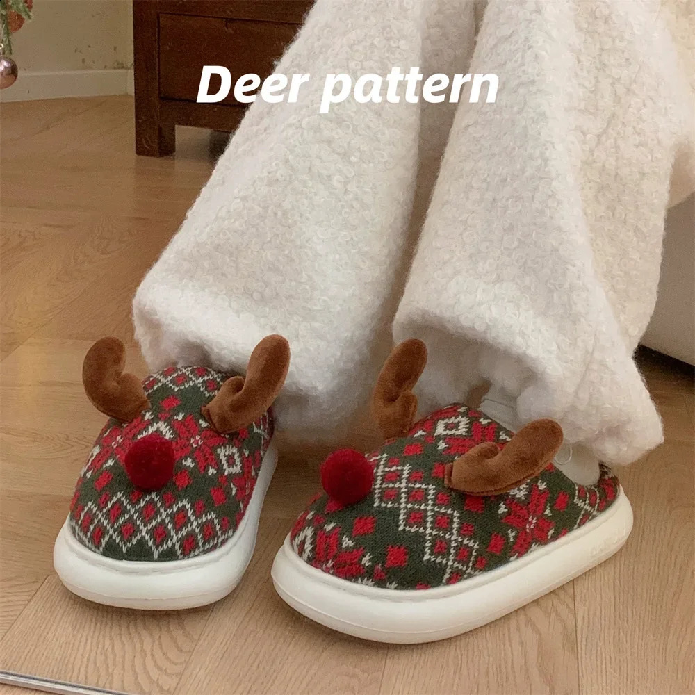 Women Christmas Cotton Slippers 2024 Cute Cartoon Deer Anti-slip Winter Warm Shoes Ladies Indoor Home Floor Fluffy Slides 240910