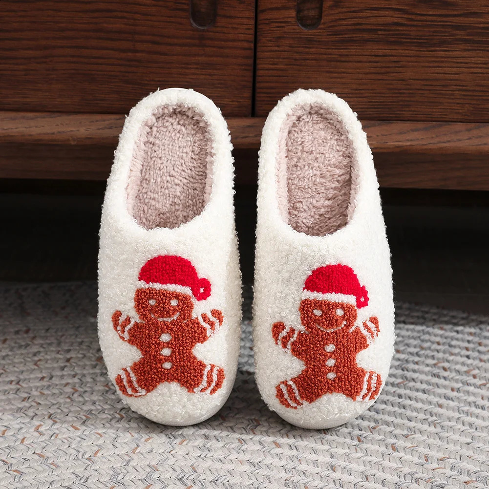 Christmas Slippers Female Home Fluffy Flip flops Winter Women Girls Indoor Cute Deer Gingerbread Man Warm House Plush Shoes 240910