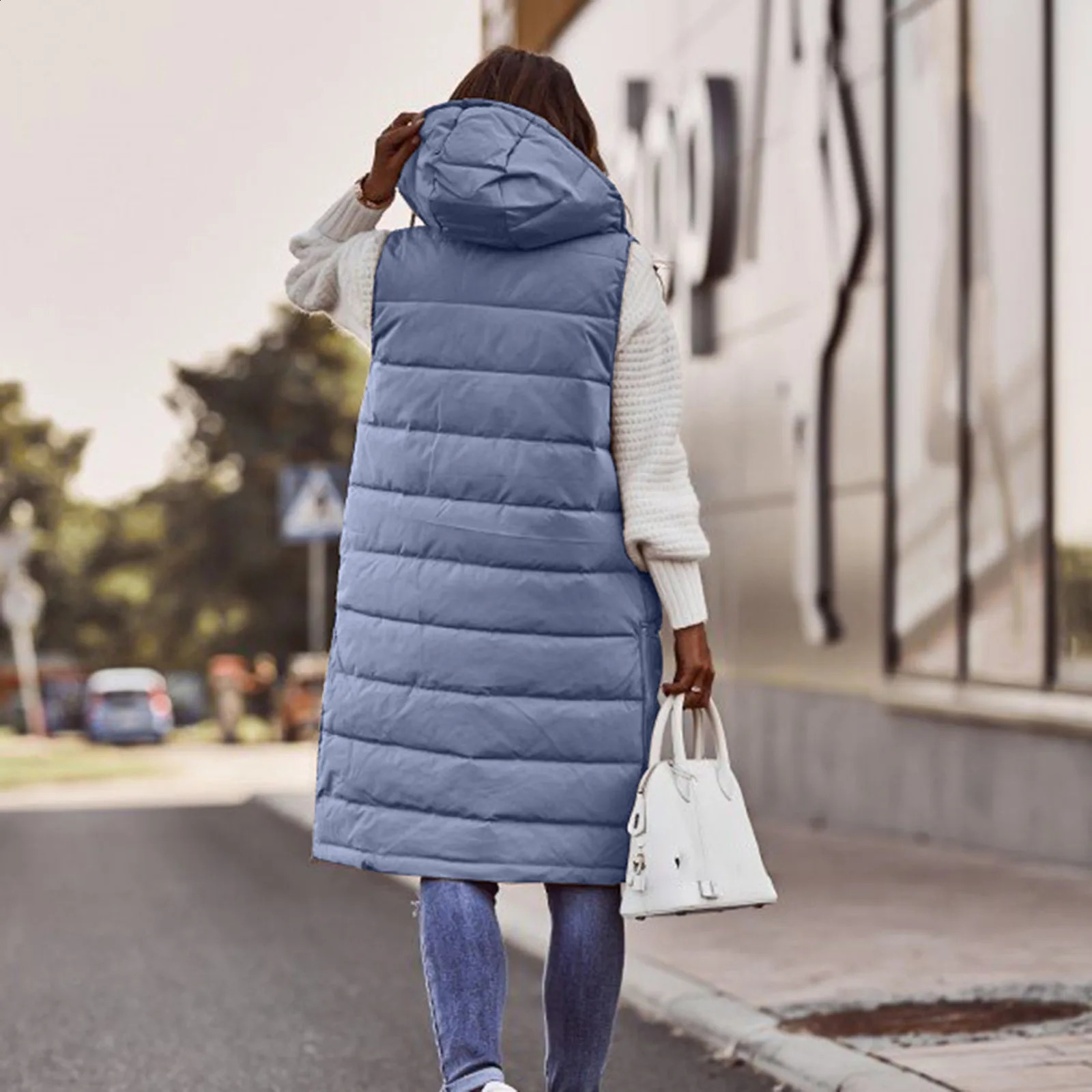Womens long winter coat vest with hood quilted cotton jacket sleeveless warm pockets outdoor S5XL 240910