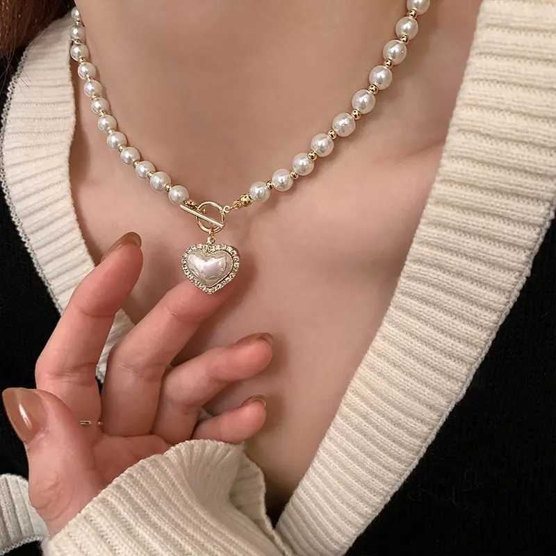 Elegant Pearl Necklace For Women Heart Pendant Necklaces Luxury Imitation Pearls Chain Necklaces Korean Jewelry Girls GiftsX241009