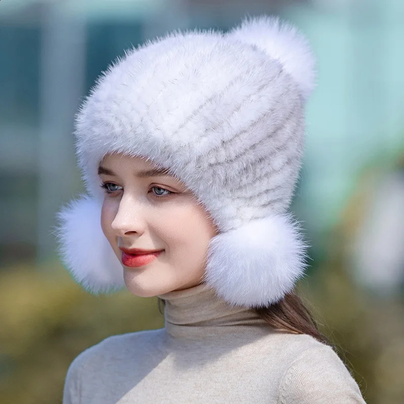 Winter Real Mink Fur Hat For Women Knitted Ear Warm Cap The Spiral Beanies With Pompom On Top 250228