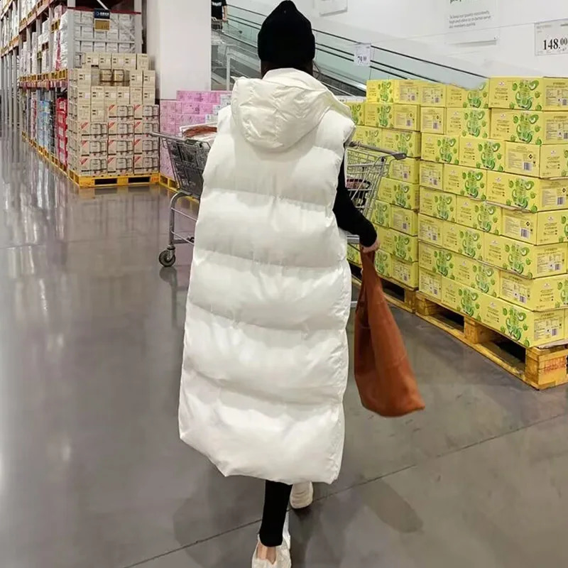 Womens winter vest hooded long jacket fashion thick warm cotton apron sleeveless womens 240910