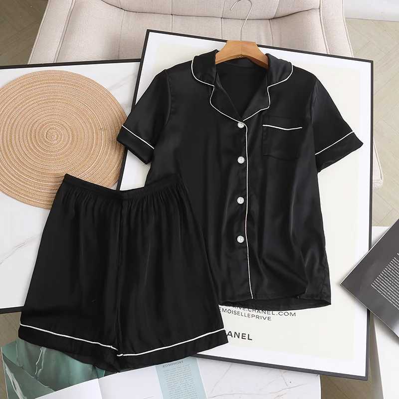 Summer Solid Sets Sleepwear Fashion Women Faux Korean Silk Pajama Piiama 2 Pieces Night Wears for Sleeping Home Suit OutfitsX24