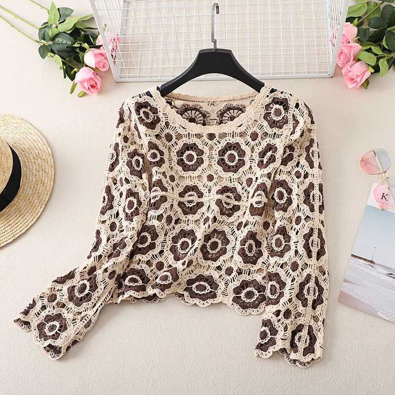 Women s Y2k Crochet Knit Cardigan Long Sleeve Floral Boho Pullover Sweater Button Down Jumper Top M240910