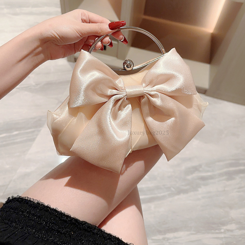 White Satin Bow Fairy Evening Bags Clutch Metal Handle Handbags for Women Wedding Party Bridal Clutches Purse Chain Shoulder Bag luxury dinners bag we