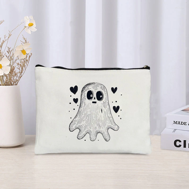 Cosmetic Bags Cartoon Ghost With Red Heart ating Printed Canvas Bag Organizer Zipper Storage Pouch Pencil Case Halloween zhanyishengli
