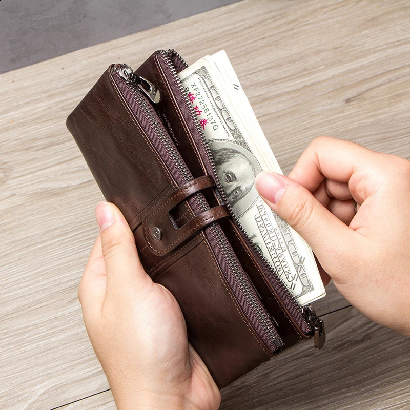 CONTACT Mens Clutch Wallet Leather Long Buckle Clip Retro Zipper Coin Money Bag Portemonnee 240910