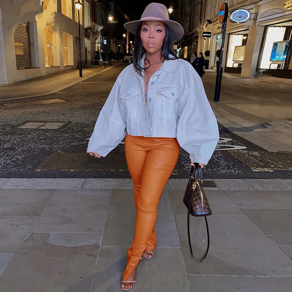 Pink PU artificial leather long leg womens high waisted pencil pants solid side split tight mens streetwear 240910