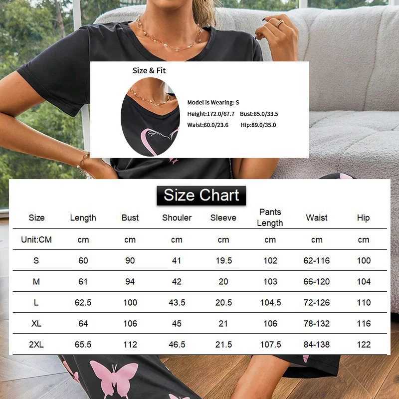 Sleeve Set Heart Crew Printed Short Pajama Butterfly Women Soft Neck Tops Elastic Waist Pants Sleepwear Loungewear NightwearX2409