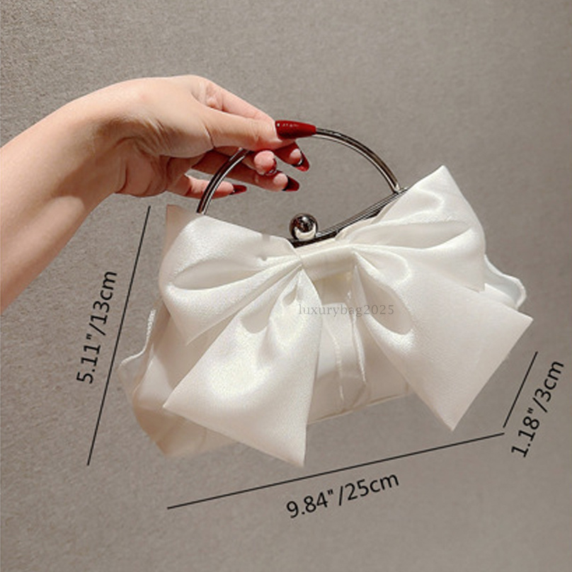 White Satin Bow Fairy Evening Bags Clutch Metal Handle Handbags for Women Wedding Party Bridal Clutches Purse Chain Shoulder Bag luxury dinners bag we