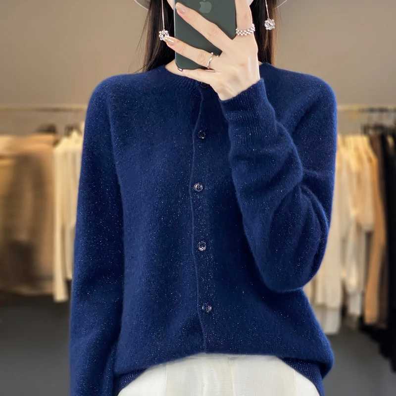 New Fashion O-neck Sweater Cardigan Women Autumn Winter 100% Merino Wool Sweaters Female Clothe Knitted Long Sleeve Tops M240910