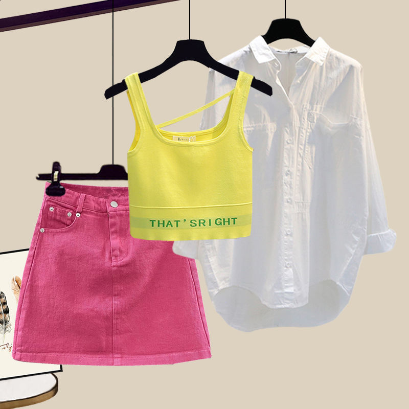 Women's Two Piece Pants Korean Summer Style Worn Casual Shorts White Chiffon Shirt Green Vest Bra Three Piece Elegant Women's Shorts Set 230