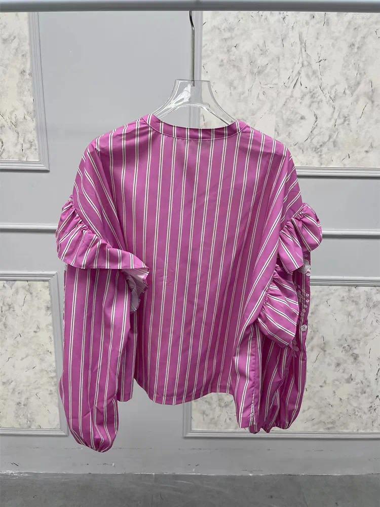 Women's Blouses Women Ral Embroidery Shirt Ruffles Long Lantern Sleeve Stripes Single Breasted Female Loose O-Neck Blouse Top Fall B3