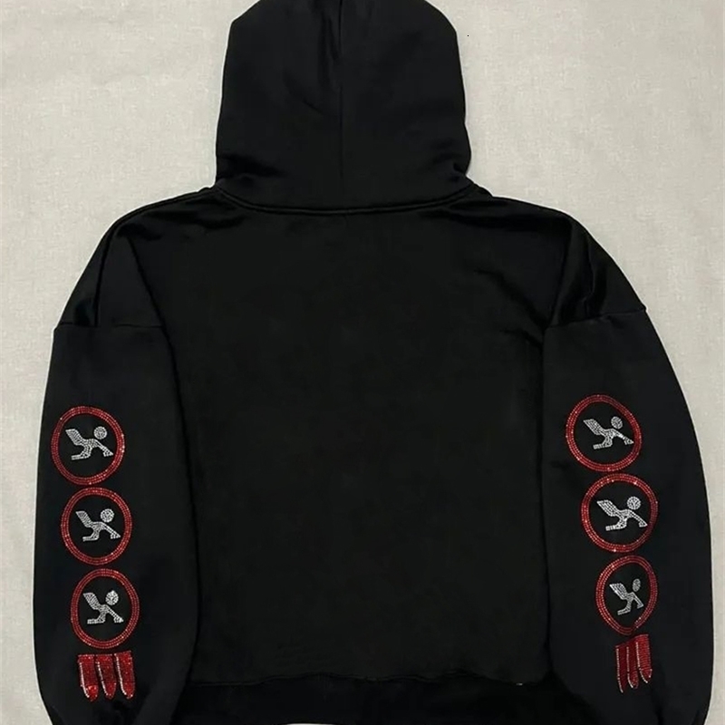 Zip Hoodie Men Y2K Style Trend Clothes Fashion Retro Street Hoodie Cool Rhinestone Pattern Unisex Sweatshirt Zip Black Top 240810