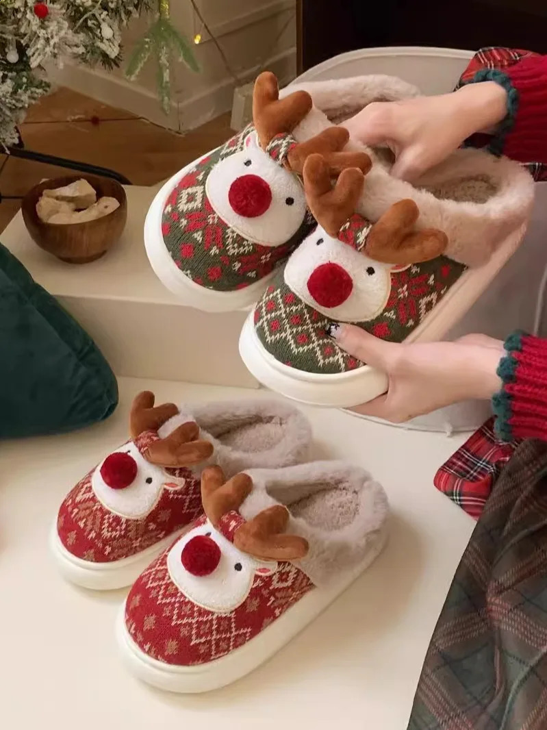 Cute Christmas Reindeer Cotton Slippers For Women Winter Home Slippers Plush Insulation Cartoon Man Indoor Household Slippers 240910