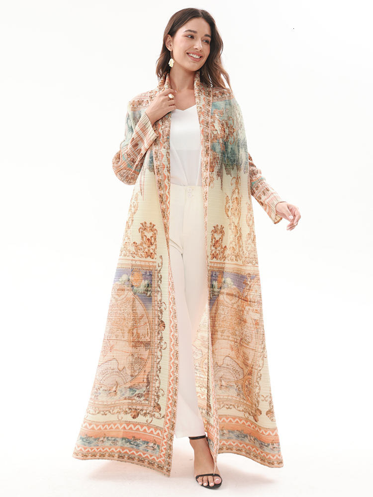 Miyake Pleated Turndown Collar Vintage Printed Long Sleeve Dress Women 2024 New Original Designer Abaya Fashion Classical Coats