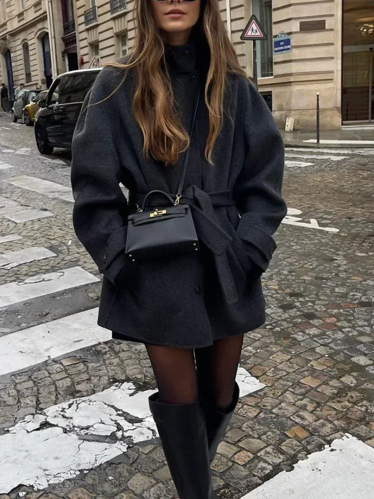 Fashion High Neck With Belt Woolen Overcoat Women Casual Long Sleeve Single Breasted Slim Warm Coat Autumn Street Lady Outerwear 240905