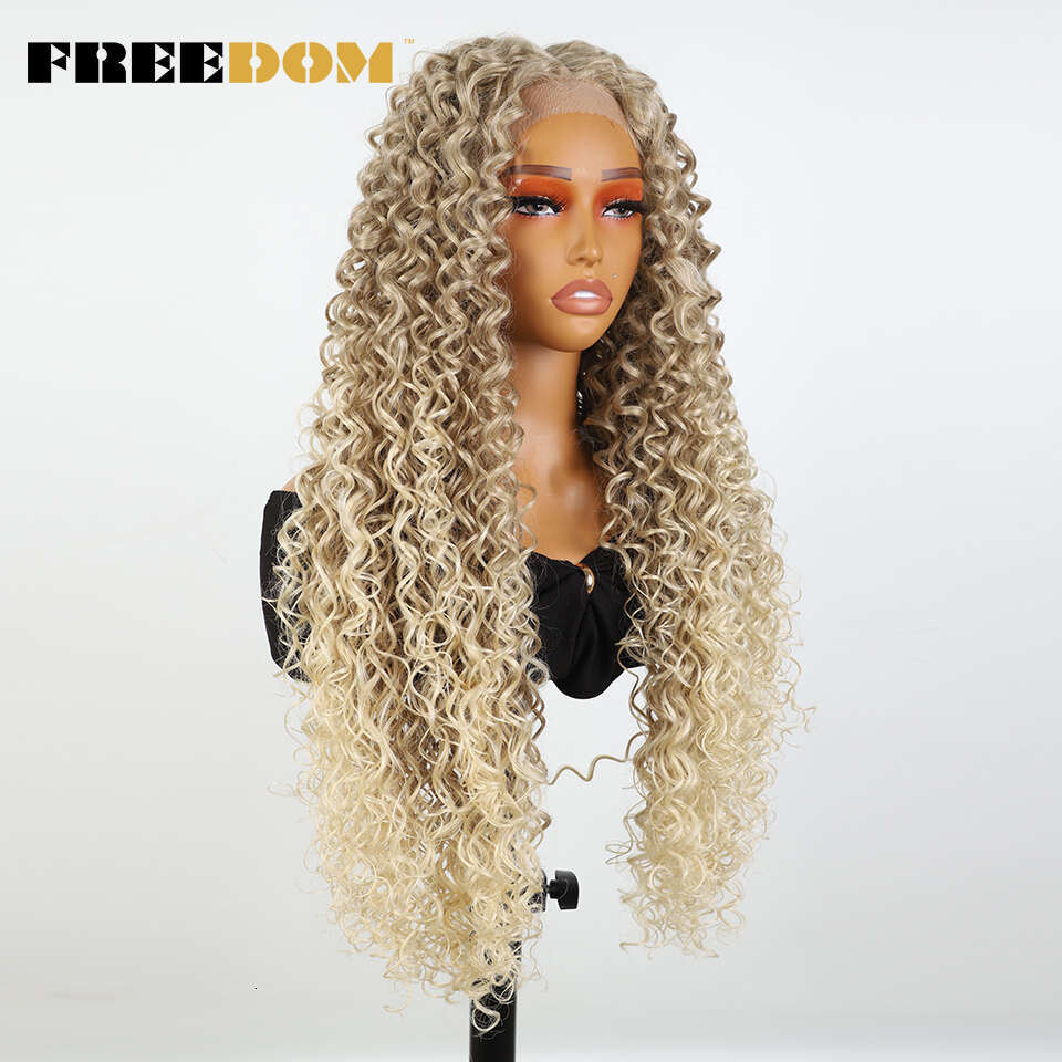 FREEDOM Synthetic Front For Women Ombre Brown Blonde Lace Wig BIO 22 26 30 inch Curly Hair Cosplay Wigs
