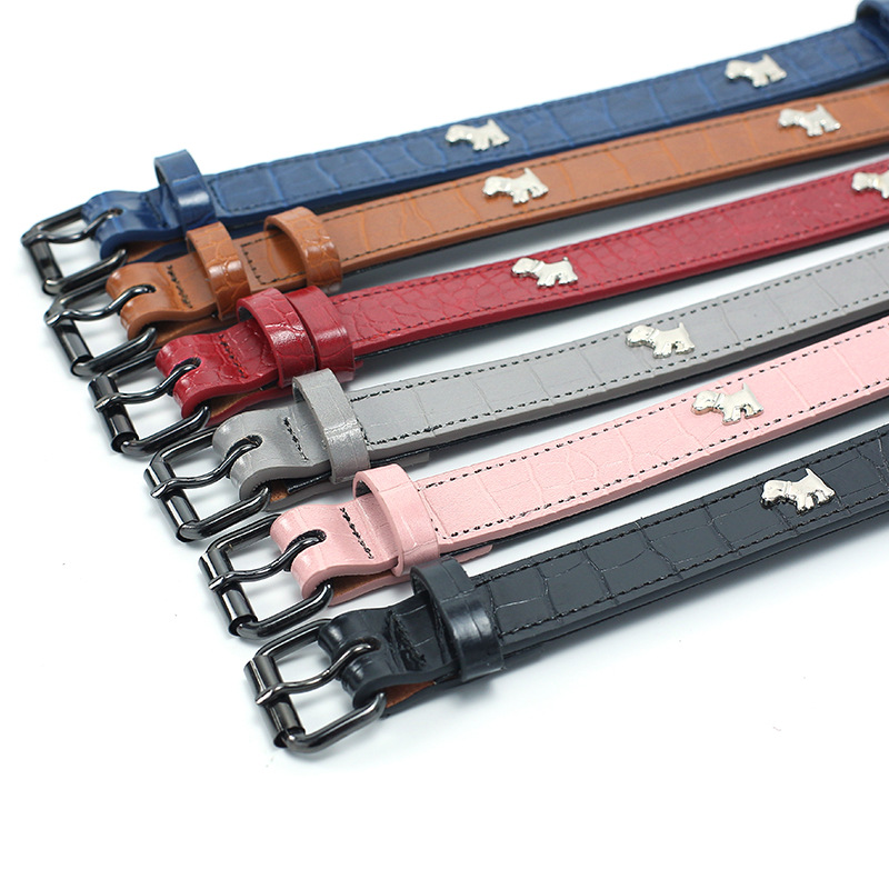 Leather Dog Collar Adjustable Crocodile Leather Pet Collar Embedded Puppy Graphics Decoration for Small, Medium and Large Dogs