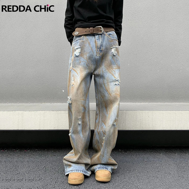 REDDACHIC Dirty Wash Blue Pocket Jeans Mens Loose Fit Casual Harajuku Hip Hop Mens Straight Wide Pants Y2k Retro Clothing 240911