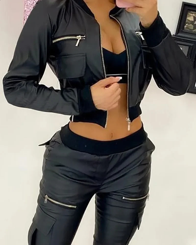 Womens pants with Pu leather zipper pocket n tight for women latest early spring fashion style 240910