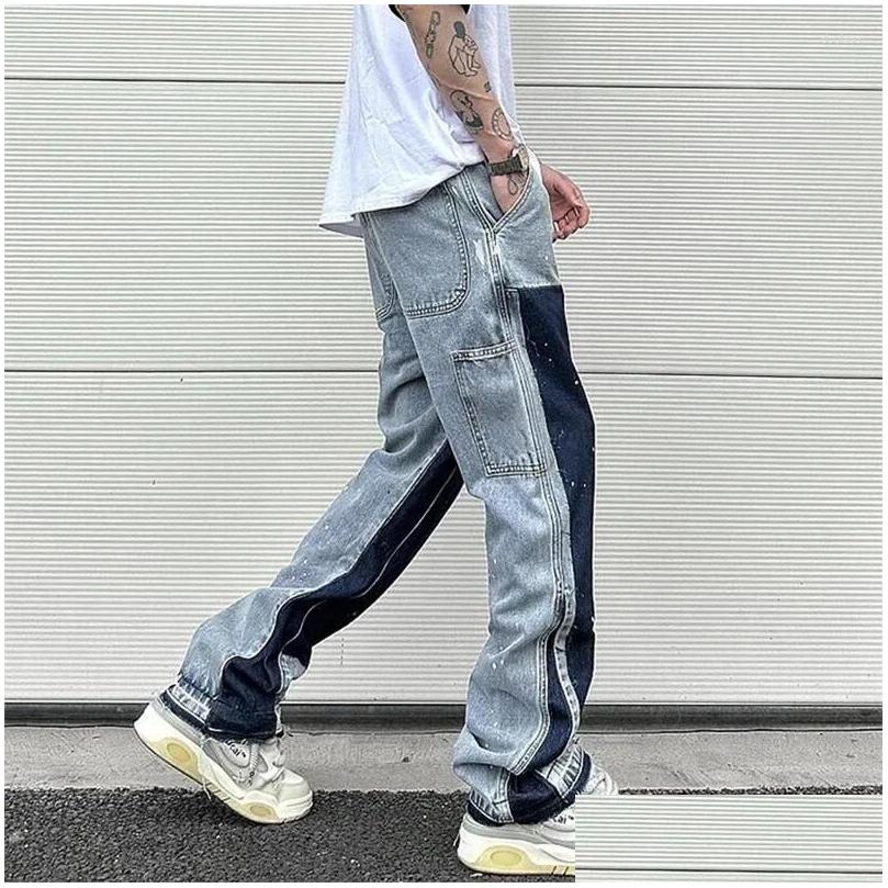 Mens European Ink Sprayed Flared For Men Contrast Color Looen Fit Streetwear Denim Clothes Open Hem Males Drop Delivery Apparel Cloth Dhhrj