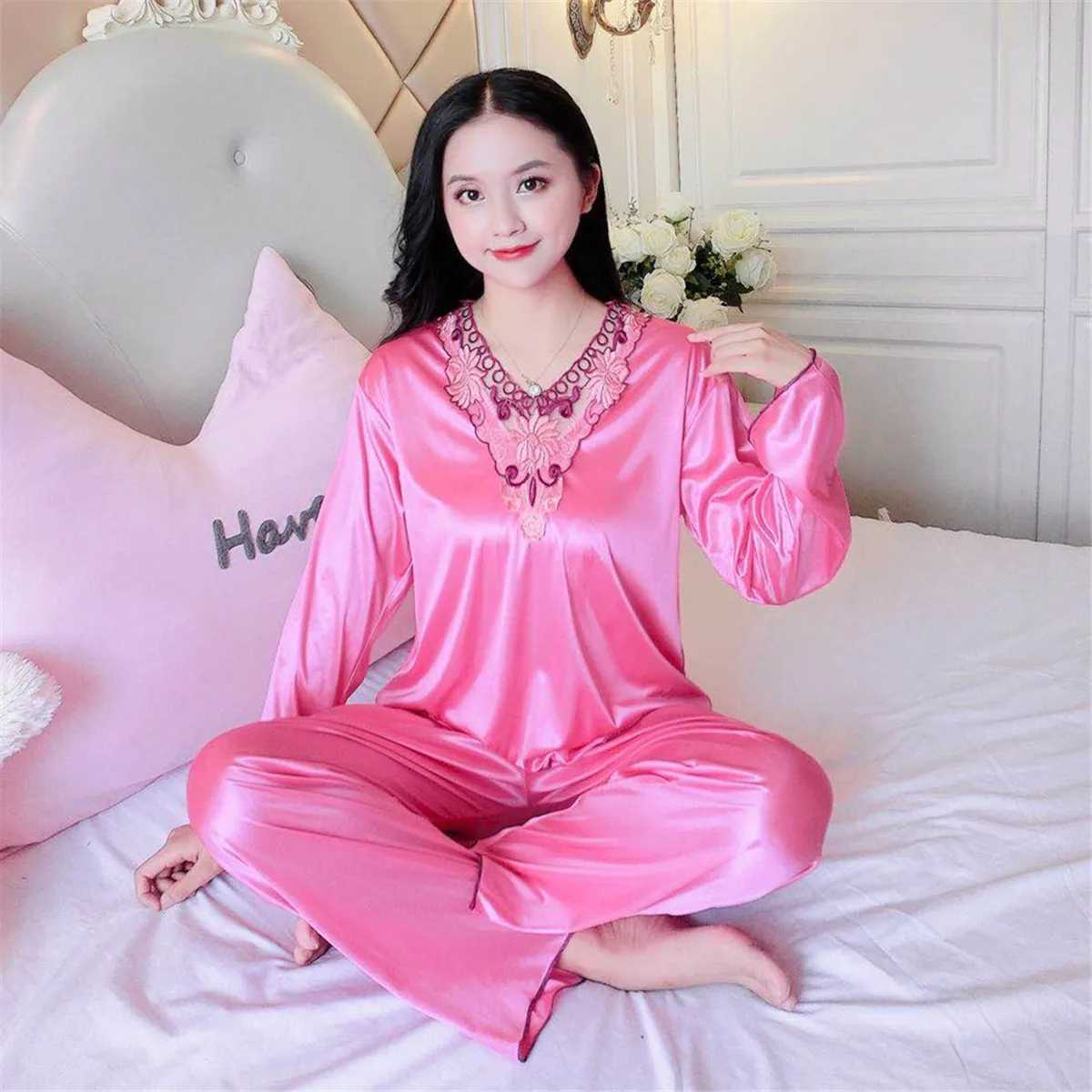 Silk Womens Satin Pajamas Sets Sleepwear Big Size Pyjama 4XL Spring Autumn Homewear Ladies Pijama Mujer 2 Piece Pjs NightwearX2409