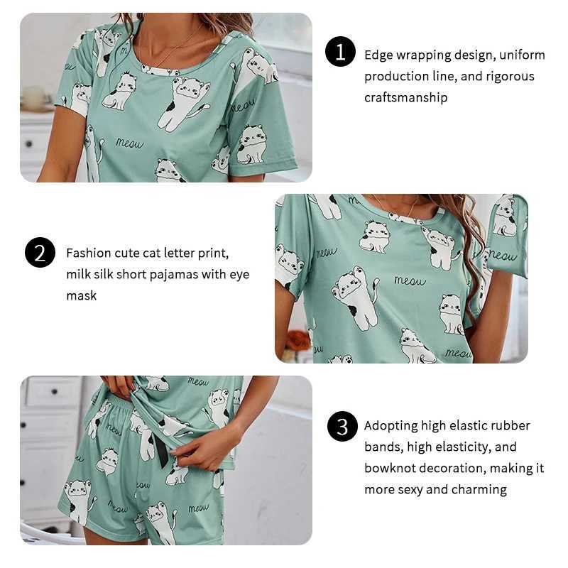 Women Pajamas Sets Short Sleeve Nightwear Top and Pants Sleepwear 2 Piece Pjs Loungewear Cartoon Print Pyjamas Set NightwearX2409