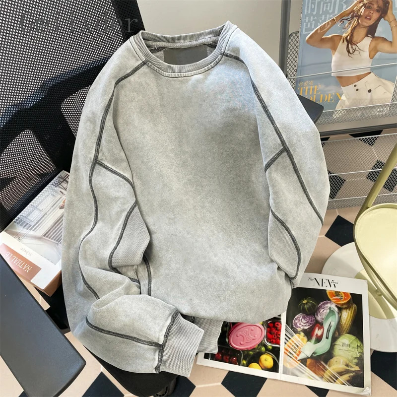 American High Street Sweatshirt Men Hiphop Hoodless Solid Long Sleeve Shirt Women Spring Autumn Urban Simple Line Stripes Top 240911