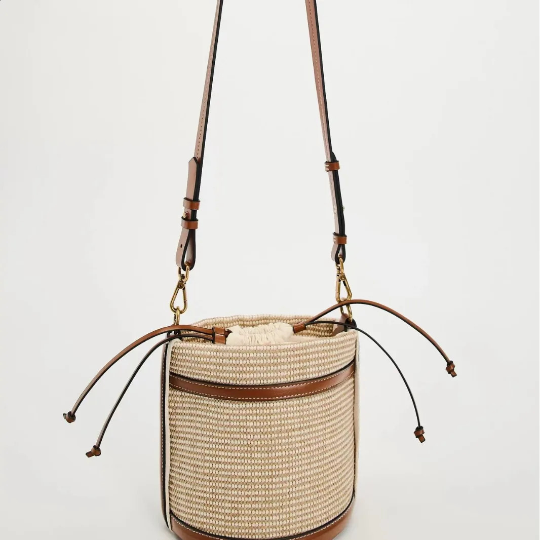 Fashion straw bucket bag woven womens handbag ner panel shoulder cross body casual summer beach small 240910