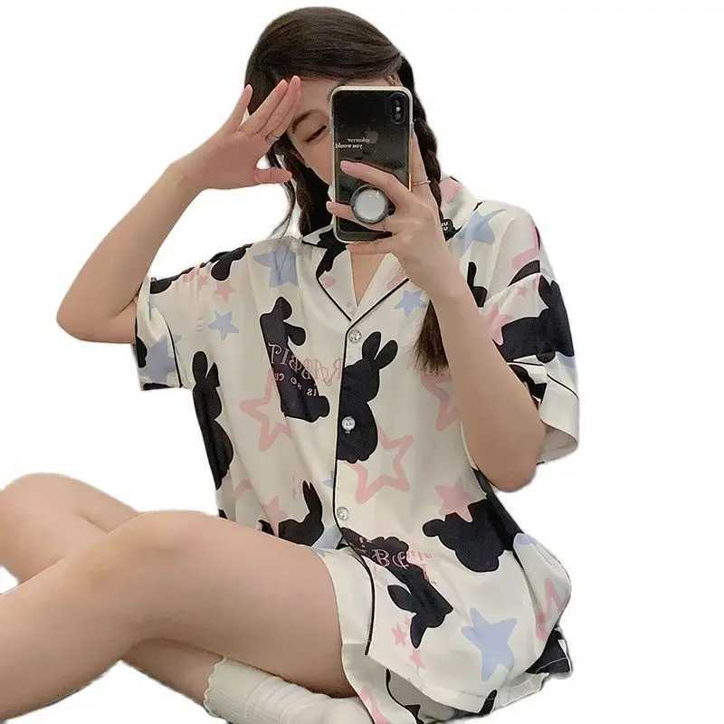 Rabbit Printing Ladies Pajamas Set Summer Kawaii Loungewear Women Green Homewear Cute Cartoon Korean Fashion Version OutfitsX240910