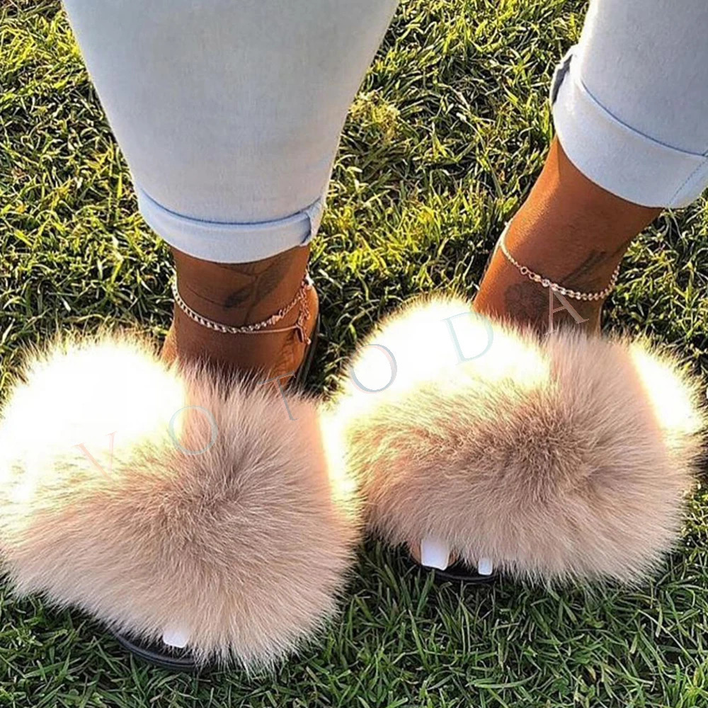 Women Summer Fur Slippers Woman Fluffy Fox Fur Raccoon Fur Slides Female Furry Outdoor Flat Flip Flops Lady Slip On Sandals 240910