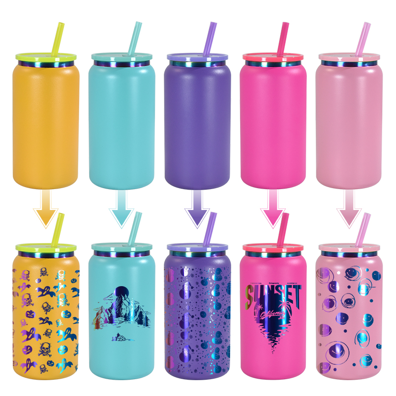 16oz UV plating tumbler colored powder coated stainless steel vacuum insulated tumblers mason jar for laser engraving food cans with colored lids stra