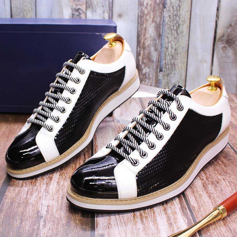 CMM Leather Shoes Mens Shoes Fashionable Party Leather Black and White Color Matching Casual Leather Shoes Pointed Handmade
