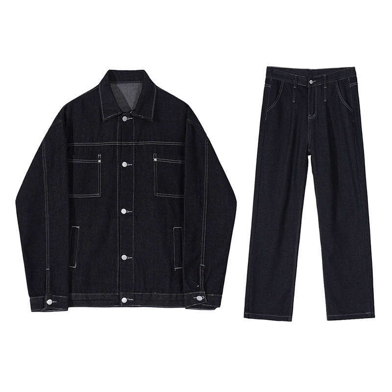 MYQ Workwear Denim Set Men's 2023 Autumn New Korean Loose Polo Neck Jacket Straight Leg Jeans