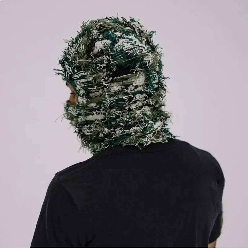 Hip Hop Balaclava Distressed Knitted Hat Full Face Ski Mask Womens Outdoor Wool Blurred Ski Board Balaclava Beanies Mens Hat 240910
