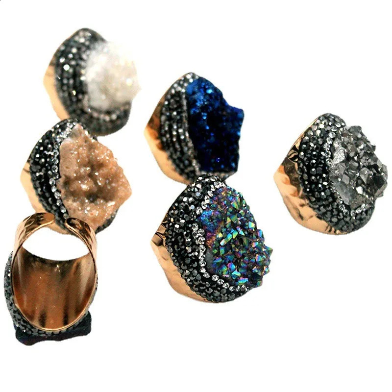 Natural Stone Adjustable Rings For Women Couple Colors Crystal Cluster Winding Ring Trend Wedding Band Jewelry Party Gift y240906