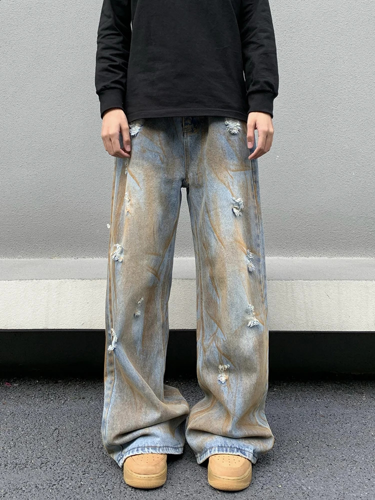REDDACHIC Dirty Wash Blue Pocket Jeans Mens Loose Fit Casual Harajuku Hip Hop Mens Straight Wide Pants Y2k Retro Clothing 240911