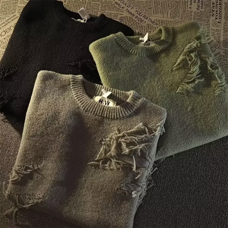 Men Sweaters American retro high street ripped sweater for men and women autumn and winter lazy style design niche knit sweater Mens crew neck sweater