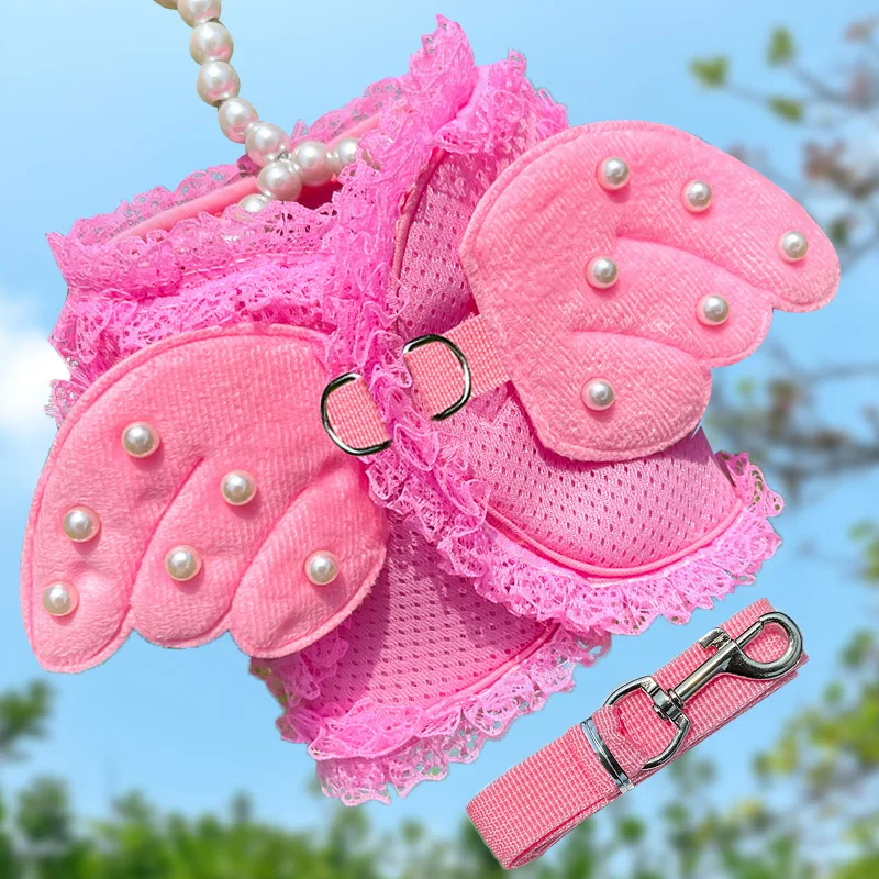 Cute Angel Wings Dog Harness Breathable Mesh Leash Set for Small Dogs Puppy Chest Collar Spring Summer Dog Walking Pet Supplies