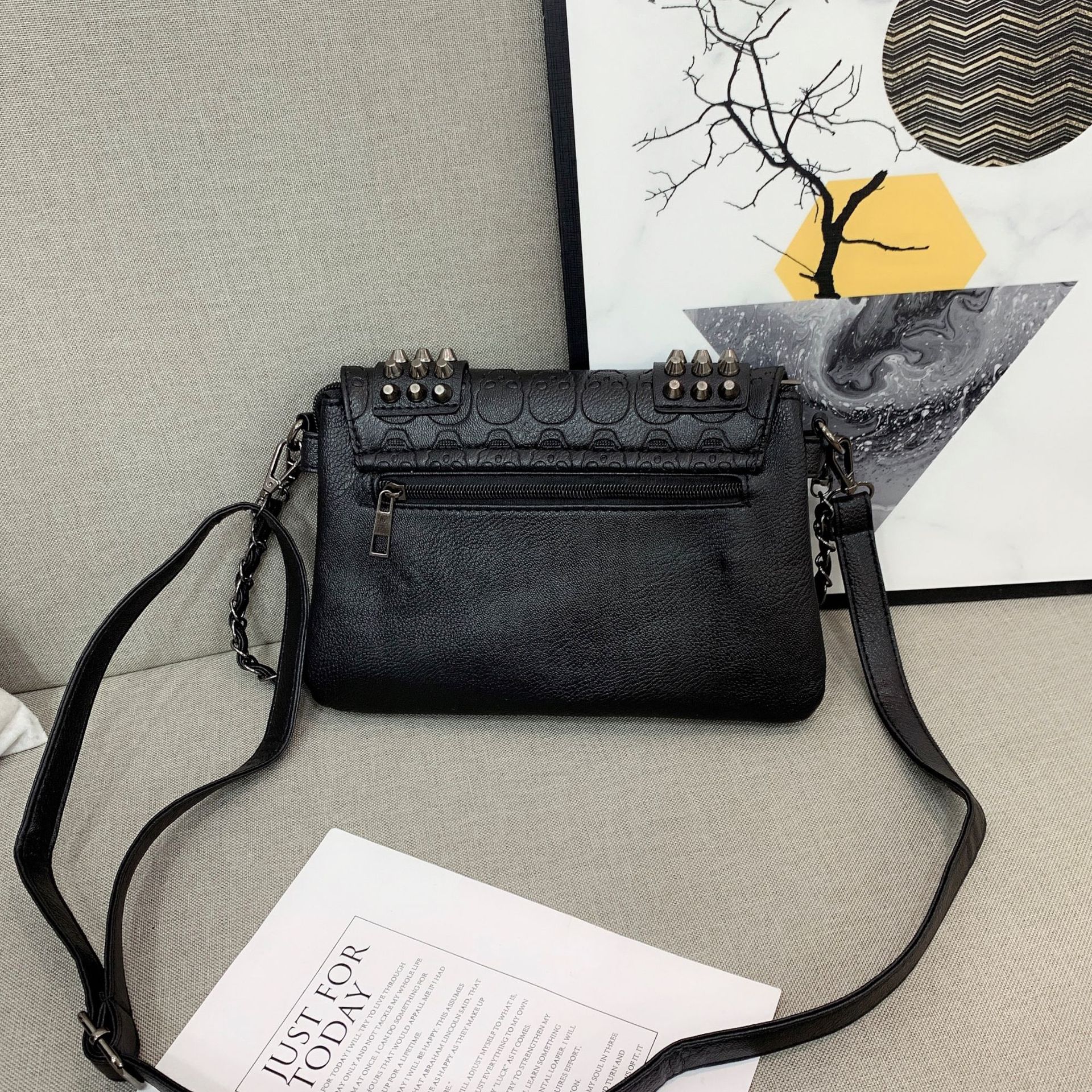Gothic Studded Decor Crossbody Bag Punk Style Flap Shoulder Bag Retro Halloween Skull Embossed Purse CYD2409112