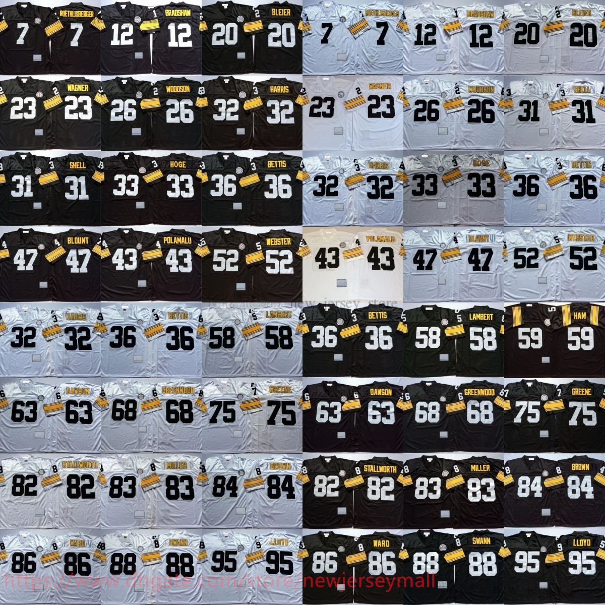 College 1982 Throwback Football 12 Terry Bradshaw Jersey Vintage 7 Ben Roethlisberger 84 Antonio Brown 86 Hines Ward 20 Rocky Bleier Heath Miller Jersey Breathable