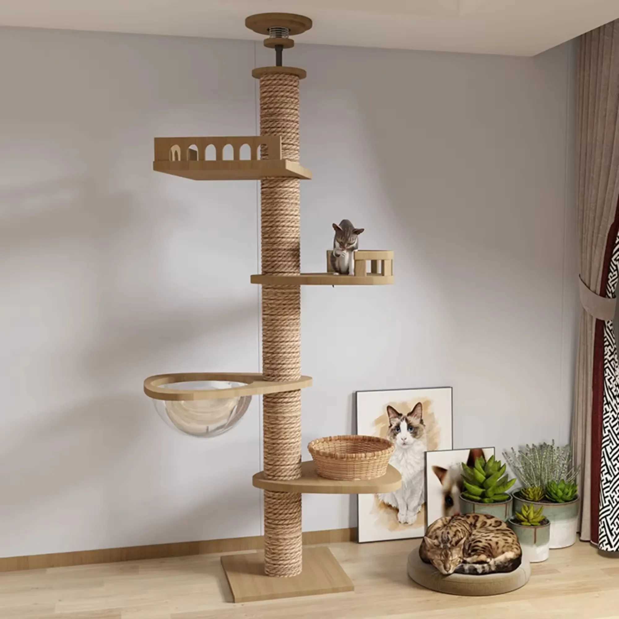 Cat Furniture Scratchers Custom LargeCats Scratch Post Floor to Climbing Ceiling Frame Wood sisal Tree Space Cap-sule Jumping Platform Cat Ceiling tow